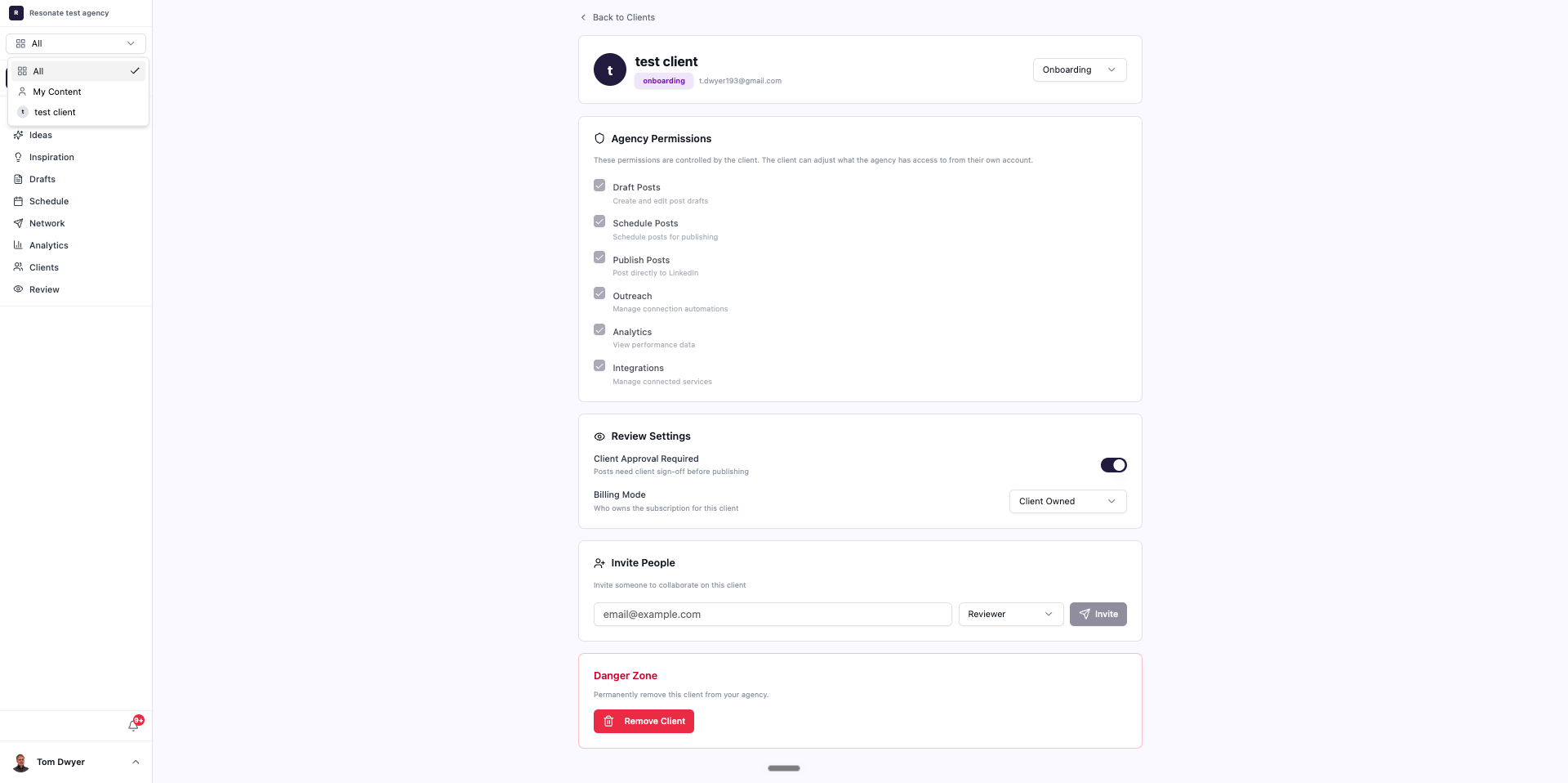Resonate's client detail page - agency permissions, review settings, billing mode and invite controls for a managed client