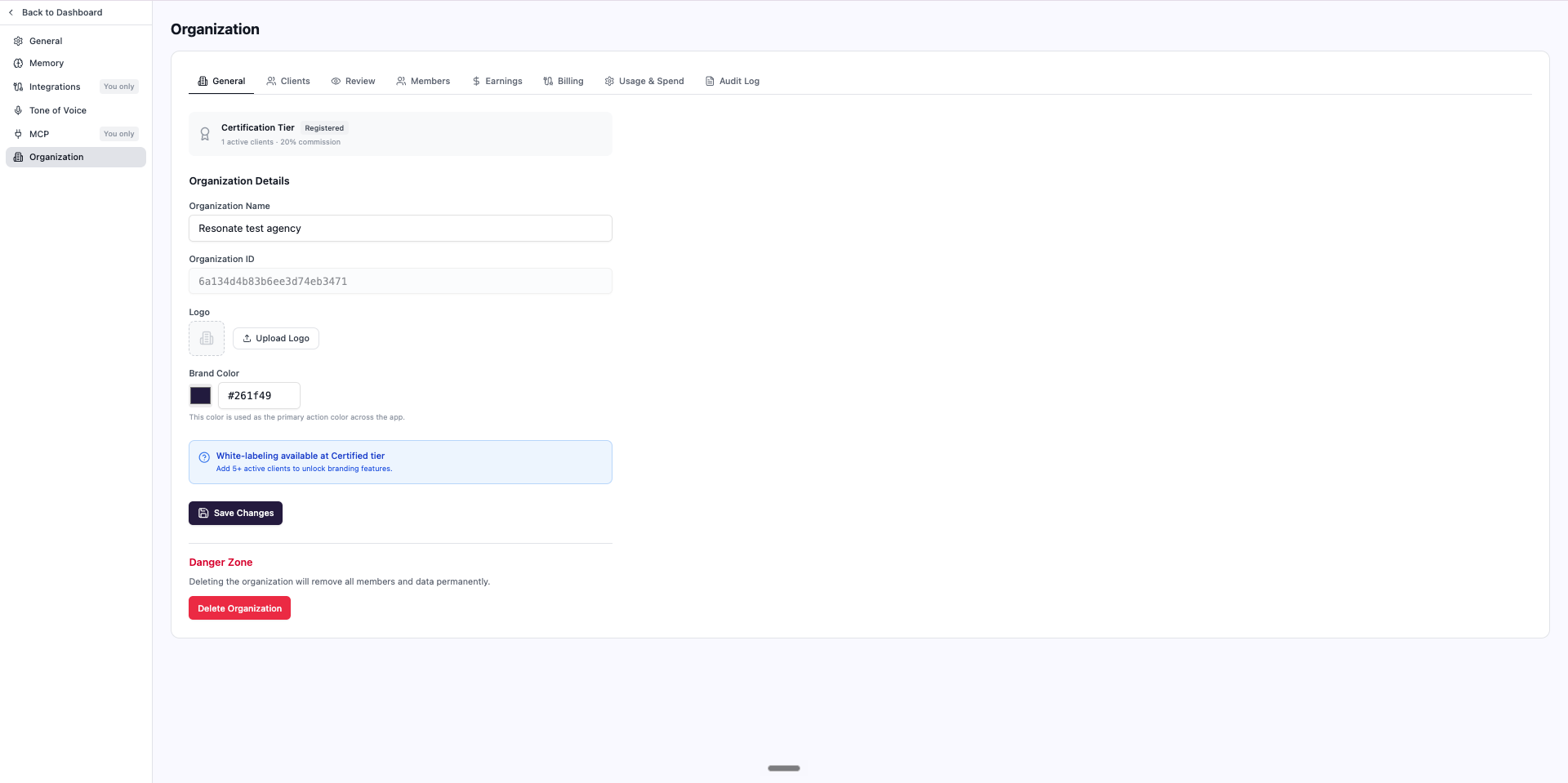 Resonate's Organization settings - members, roles, branding, billing and audit log for the whole agency org
