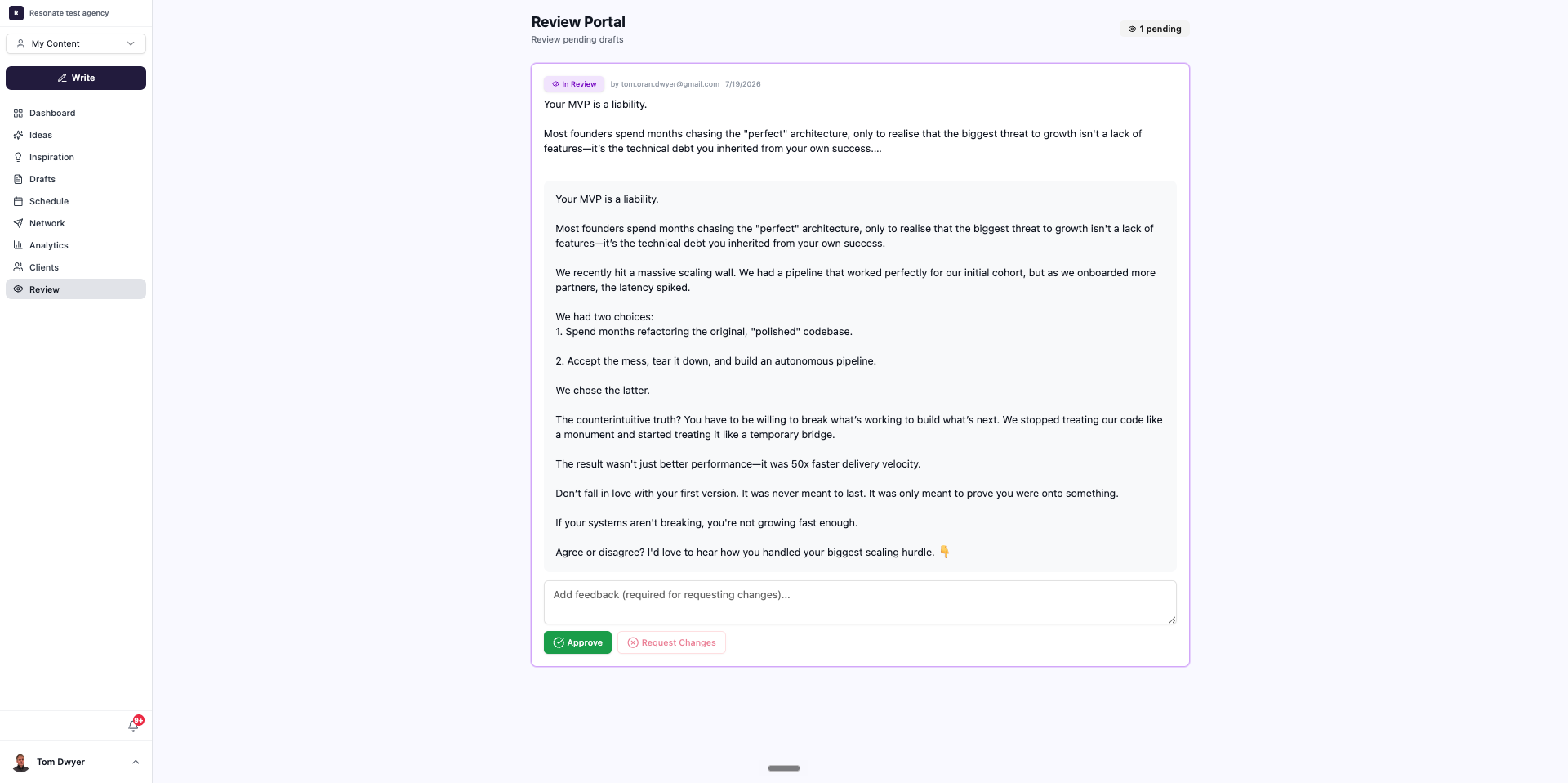 Resonate's Review workspace - client posts awaiting sign-off before they publish