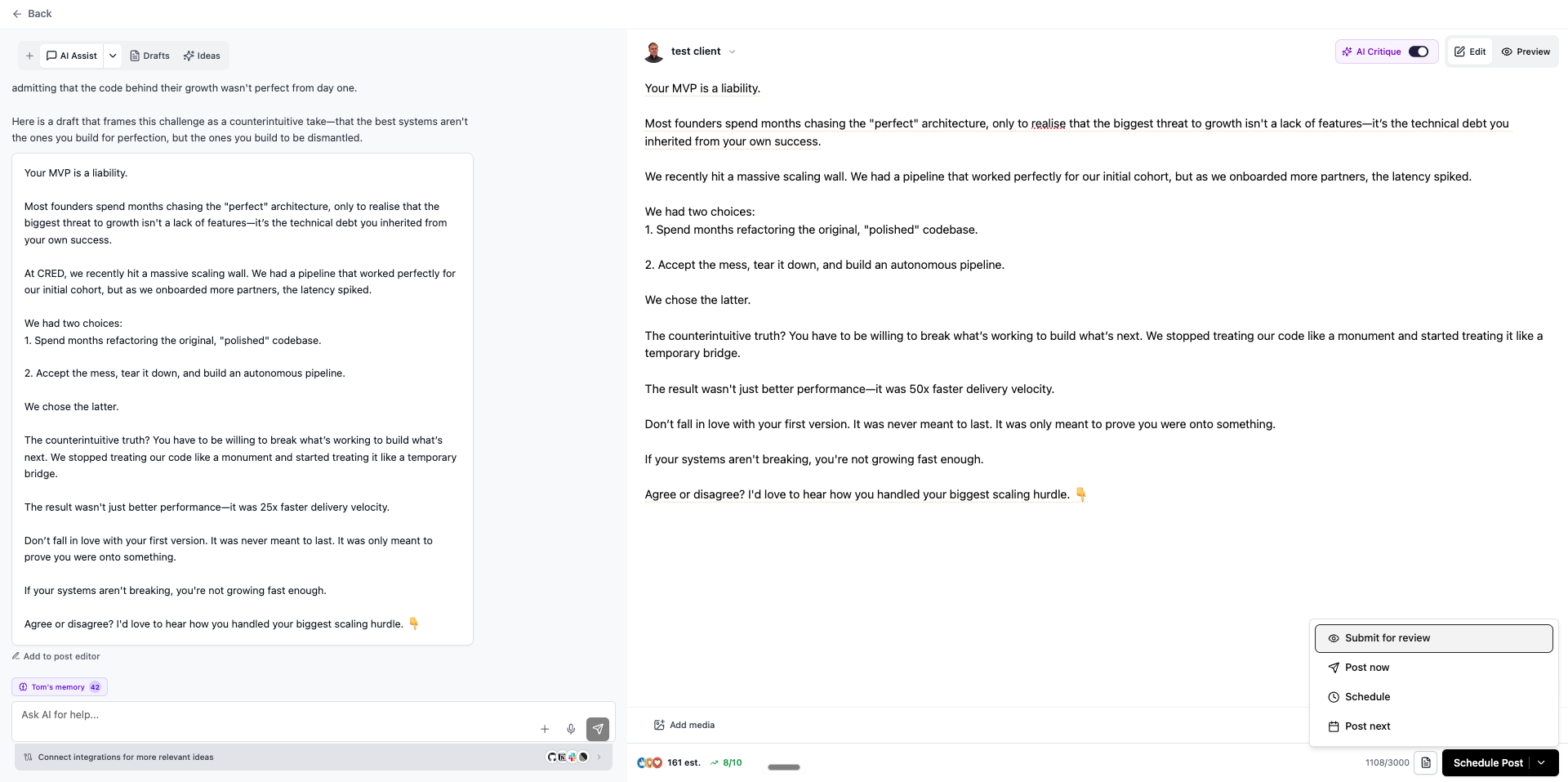 Resonate's editor for a client post with the submit-for-review, post-now and schedule menu open