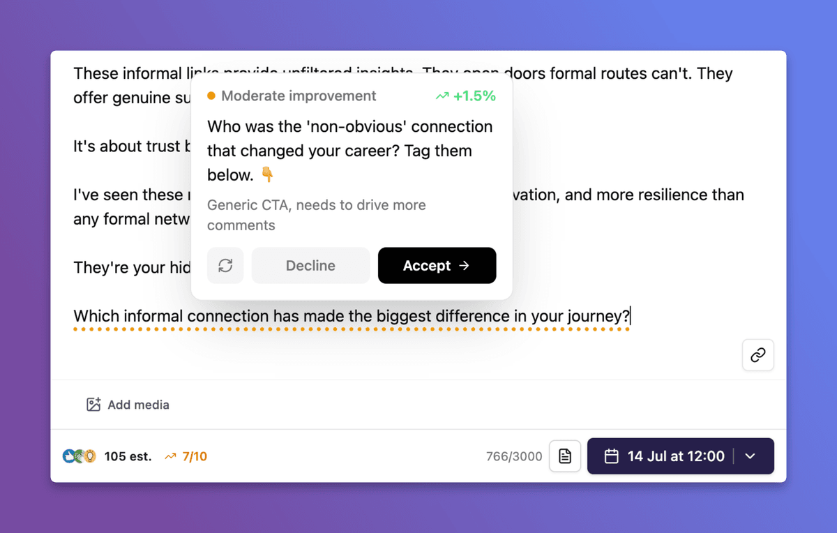 Multi-agent critique dashboard showing Hook, Voice, and Virality scores