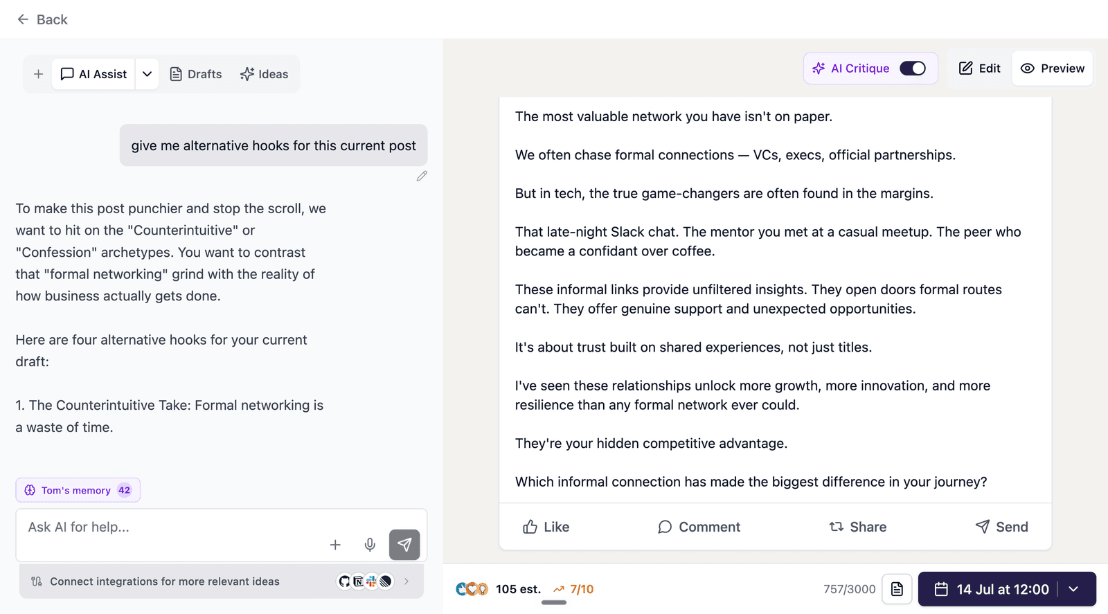 The Resonate editor - AI Assist suggesting alternative hooks on the left while the draft with live AI Critique and a predicted score sits on the right