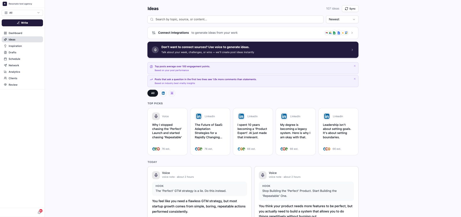 Resonate's Ideas page - post ideas generated from your LinkedIn activity, voice notes and content-gap analysis, each with a suggested hook and engagement estimate