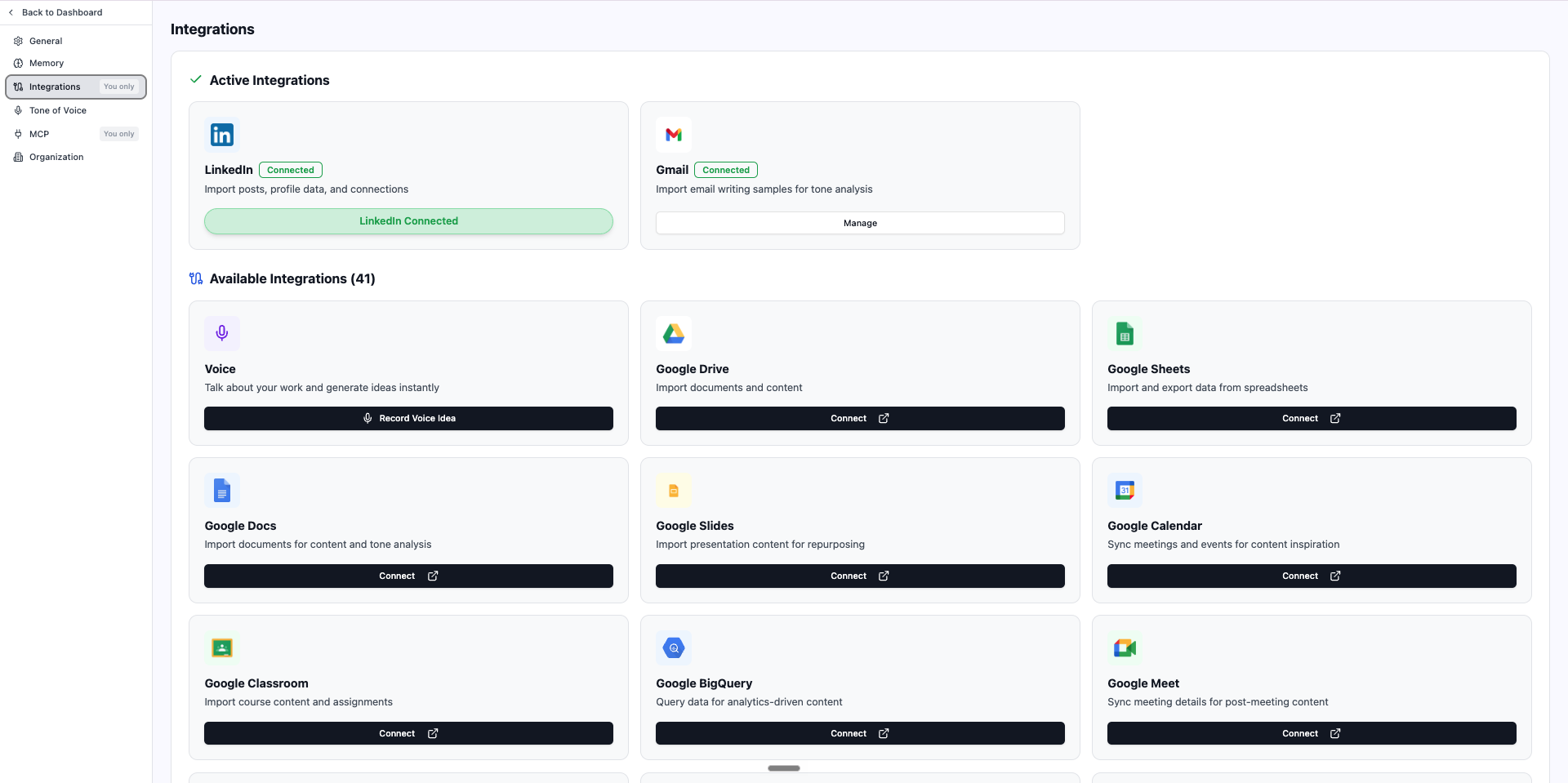 Resonate's Integrations page - connected tools plus dozens of available integrations including Notion, Slack, GitHub, HubSpot and Google Workspace