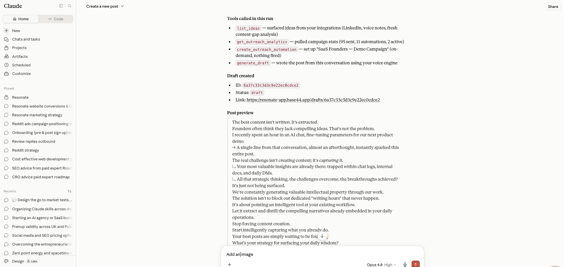 Resonate's MCP interface - an AI agent calling Resonate tools like list_ideas, get_outreach_analytics and generate_draft to build a post end to end