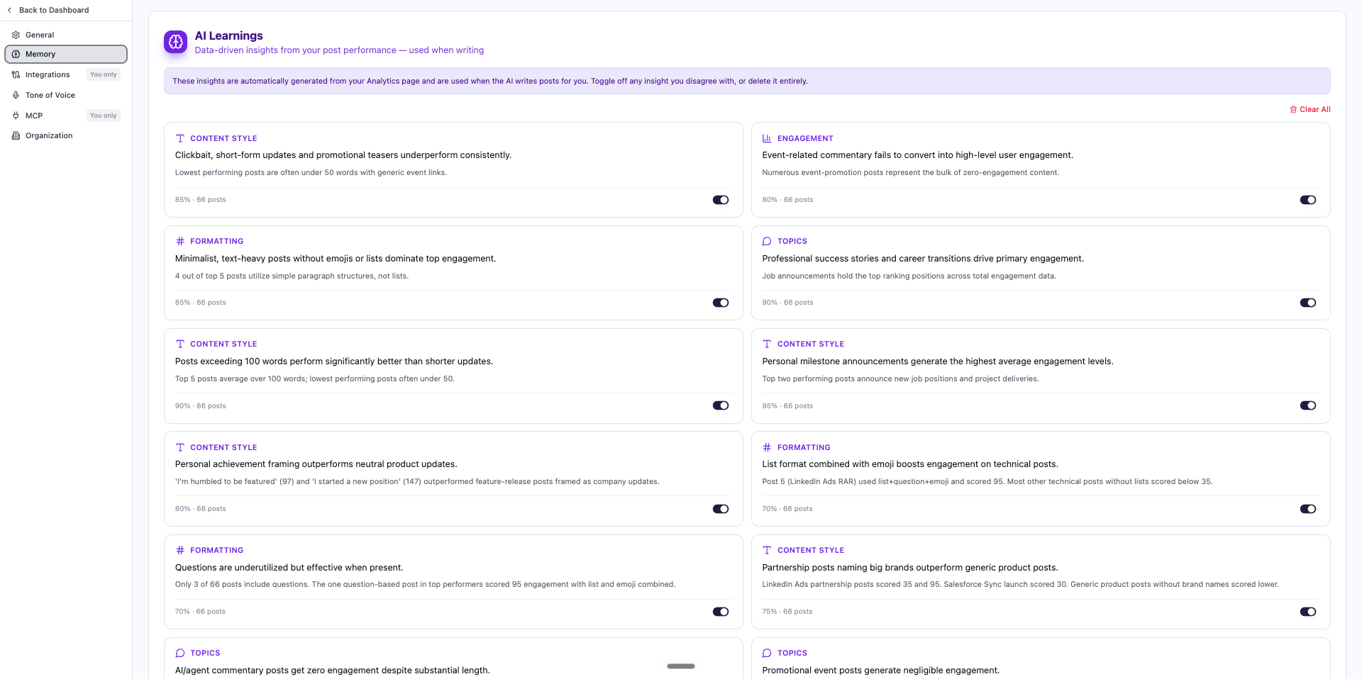 Resonate's Memory page - AI Learnings automatically generated from your post performance that the AI uses whenever it writes for you