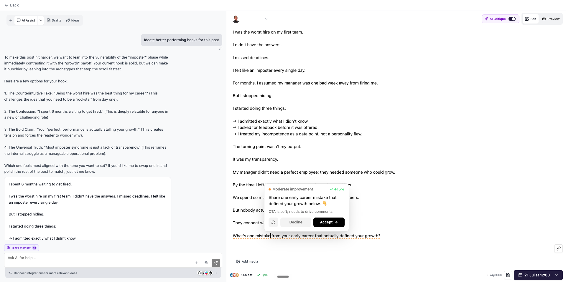 Resonate's editor showing a live AI critique with a predicted engagement lift and a predicted score before the post is published