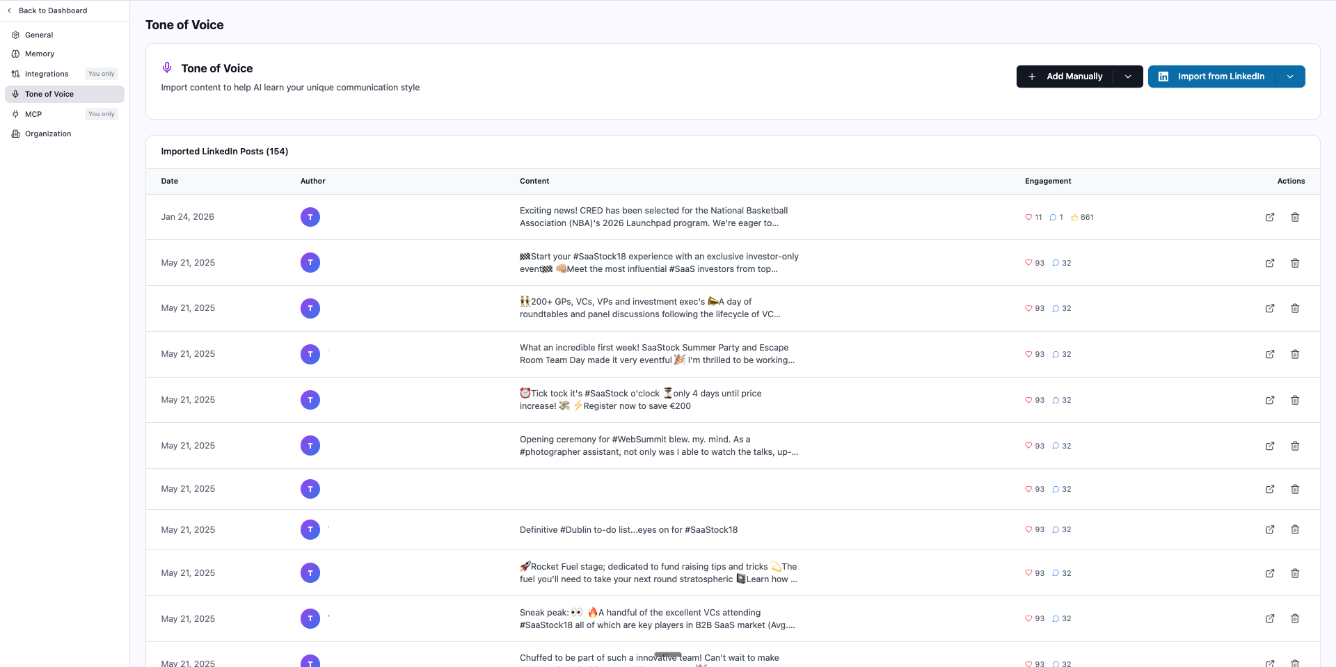 Resonate's Tone of Voice settings - the voice model trained on your real writing that every draft is checked against