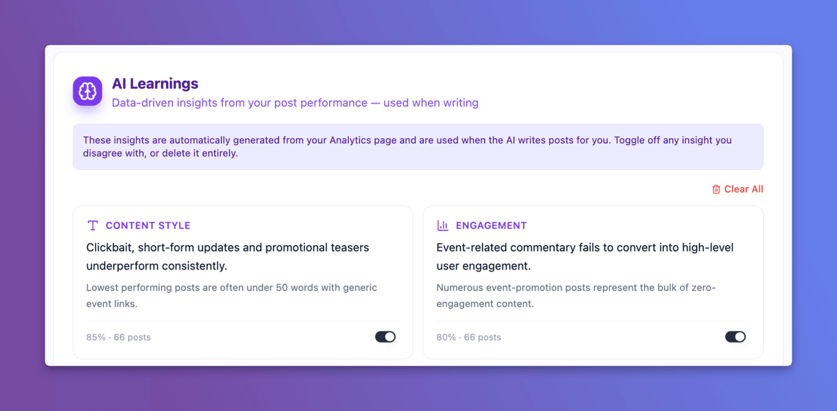 Resonate AI Learnings - insights from your post performance used when writing in your voice